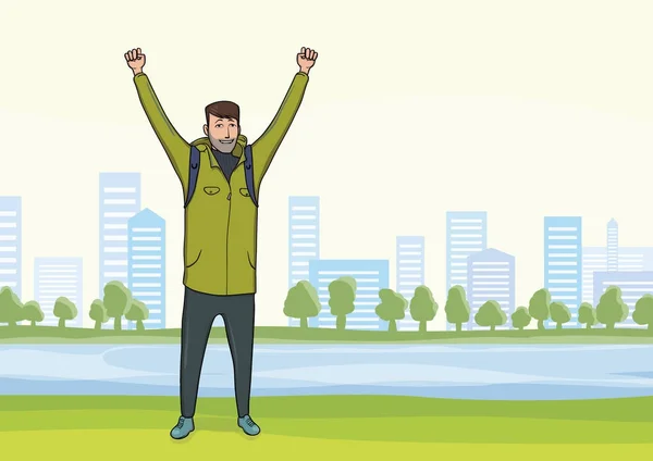 Homem feliz no passeio matinal no parque da cidade. Um turista com as mãos no ar, um gesto de sucesso até aos objectivos. Ilustração vetorial . —  Vetores de Stock