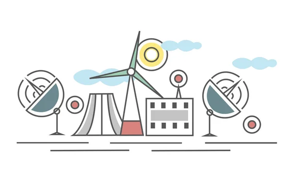 Het industriële landschap. Verschillende soorten elektrische centrales. Power plant en wind power plant. Dunne lijn stijl vector illustratie, geïsoleerd op wit. — Stockvector