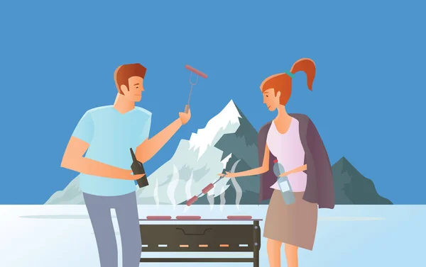 Gente de picnic o fiesta Bbq. Hombre y mujer cocinando filetes y salchichas a la parrilla. Paisaje de montaña con lago. Ilustración vectorial . — Vector de stock