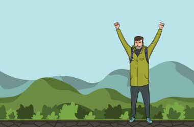 Genç bir adam, bir dağlık alanda kaldırdı elleriyle backpacker. Uzun yürüyüşe çıkan kimse, Explorer. Başarı bir sembolü. Vektör çizim kopya alanı ile.