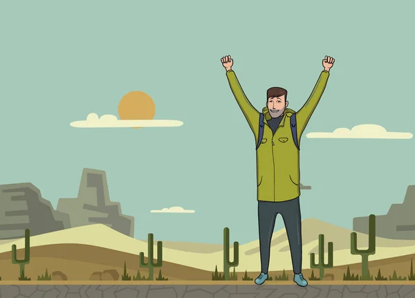 Ένας νεαρός άνδρας, backpacker με υψωμένα τα χέρια στην έρημο. Οτωστόπ, Explorer. Ένα σύμβολο της επιτυχίας. Εικονογράφηση διάνυσμα με αντίγραφο χώρου. — Διανυσματικό Αρχείο
