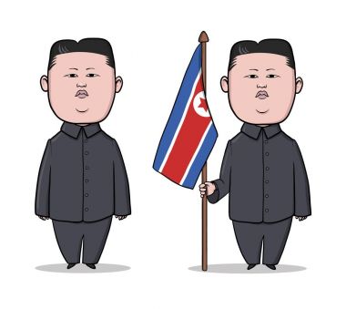 30 Ekim 2017: Karikatür karakter Kuzey Kore lideri Kim Jong-Un, bayrağı ile ayakta. Vektör çizim, üzerinde beyaz izole.