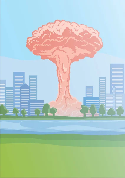 Ядерный взрыв в городе, грибные облака. Векторная миграция . — стоковый вектор