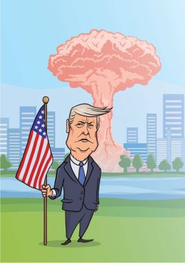 30 Ekim 2017: Şehir, mantar bulutlar ve Amerikan Başkanı Donald Trump karikatür karakter bayrak nükleer bomba patlama. Vektör çizim.