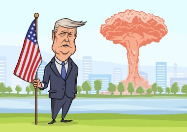 30 Ekim 2017: Şehir, mantar bulutlar ve Amerikan Başkanı Donald Trump karikatür karakter bayrak nükleer bomba patlama. Vektör çizim.