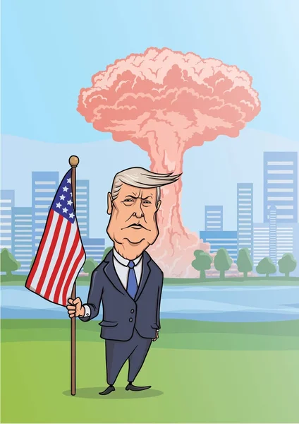 OUTUBRO, 30, 2017: Explosão de bombas nucleares na cidade, nuvens de cogumelos e caráter caricatural do presidente americano Donald Trump com bandeira. Ilustração vetorial . — Vetor de Stock