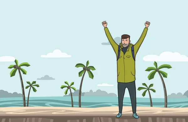 若い男が、バックパッカーには、海のビーチで挙手。ハイカー、エクスプ ローラー。成功のシンボルです。コピー スペースのベクトル図. — ストックベクタ
