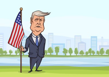 30 Ekim 2017: Karikatür karakter Amerikan Başkanı Donald Trump, gökdelenler ile büyük şehrin arka plan bayrak ile ayakta. Vektör çizim, üzerinde beyaz izole.