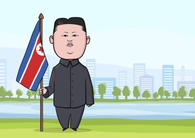 30 Ekim 2017: Karikatür karakter Kuzey Kore lideri Kim Jong-Un, gökdelenler ile şehrin arka plan bayrak ile ayakta. Vektör çizim, beyaz arka plan üzerinde izole.