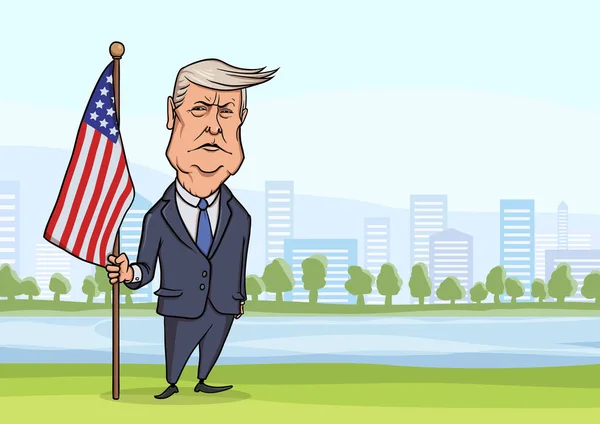 30. oktober 2017: karikaturfigur des amerikanischen präsidenten donald trump, steht mit fahne auf dem hintergrund der großstadt mit hochhäusern. Vektorabbildung, isoliert auf weiß. — Stockvektor