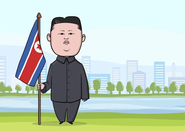 Οκτωβρίου 30, 2017: Γελοιογραφία χαρακτήρας ο ηγέτης της Βόρειας Κορέας Kim Jong-Un, στέκεται με σημαία στο φόντο πόλη με ουρανοξύστες. Εικονογράφηση διάνυσμα, απομονώνονται σε λευκό φόντο. — Διανυσματικό Αρχείο