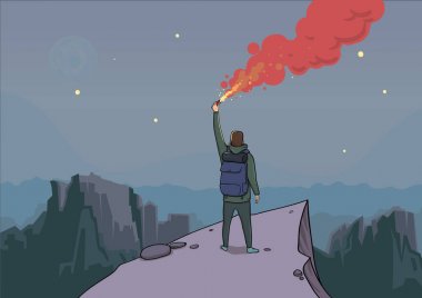 Turistik bir dağ üzerinde parlama ile en baştan arıyor. Backpacker bir kayaya. Elinde meşale. Alacakaranlık dağ manzarası. Yıldızlar ve ay. Vektör çizim çizgi film karakteri.