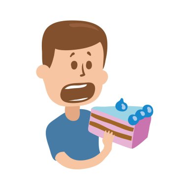 Aç adam pasta bir ısırık alarak. Beyaz kağıt üzerinde düz illüstrasyon izole. Çizgi film vektör görüntü.