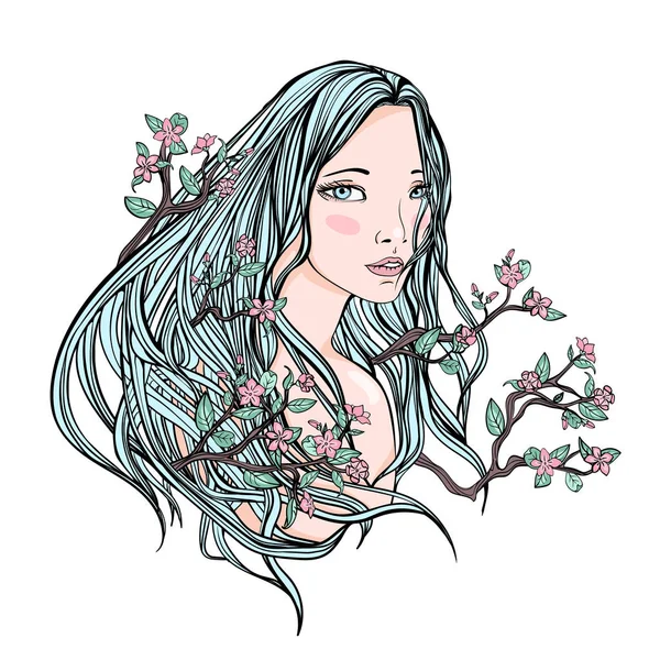 Ritning av en vacker flicka med långa blommiga hår på en vit bakgrund. Blek hud och blått hår med blommor och kvistar. Isolerade vektor illustration porträtt. — Stock vektor