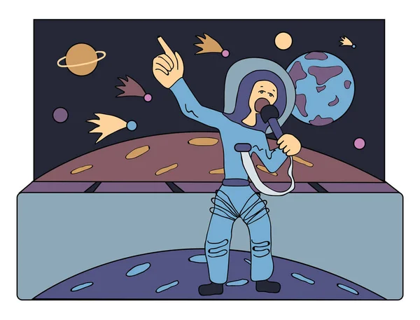 Sänger im All vor Kometen und Planeten. Führer durch das Universum. Berufe der Zukunft. Comic-Vektorillustration. — Stockvektor