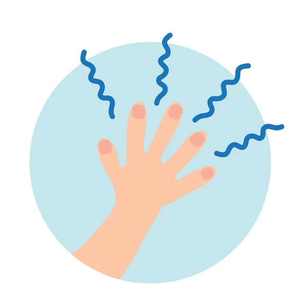 Mänsklig hand utgår blå vågor. Isolerad platta illustration på vit och blå backgroud. Cartoon vektorbild. — Stock vektor