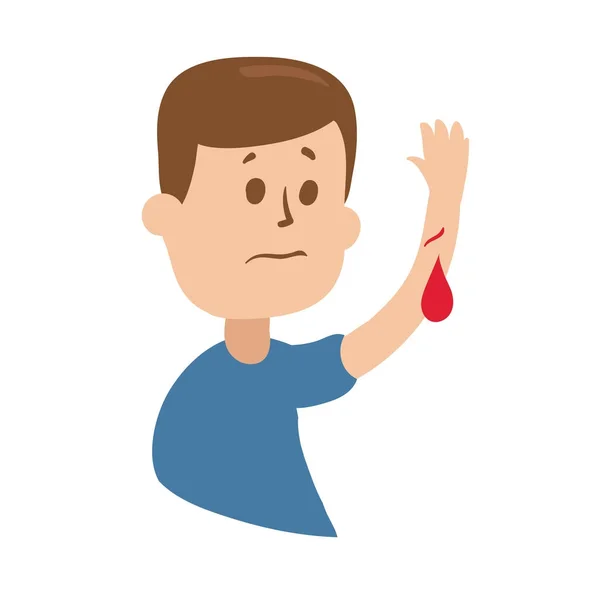 Αναστατωμένος guy εγείρει πληγωμένο χέρι με στάζει αίμα. Αφήστε το αίμα στο ένα χέρι. Απομονωμένη επίπεδη απεικόνιση σε ένα άσπρο backgroud. Διανυσματική εικόνα κινουμένων σχεδίων. — Διανυσματικό Αρχείο