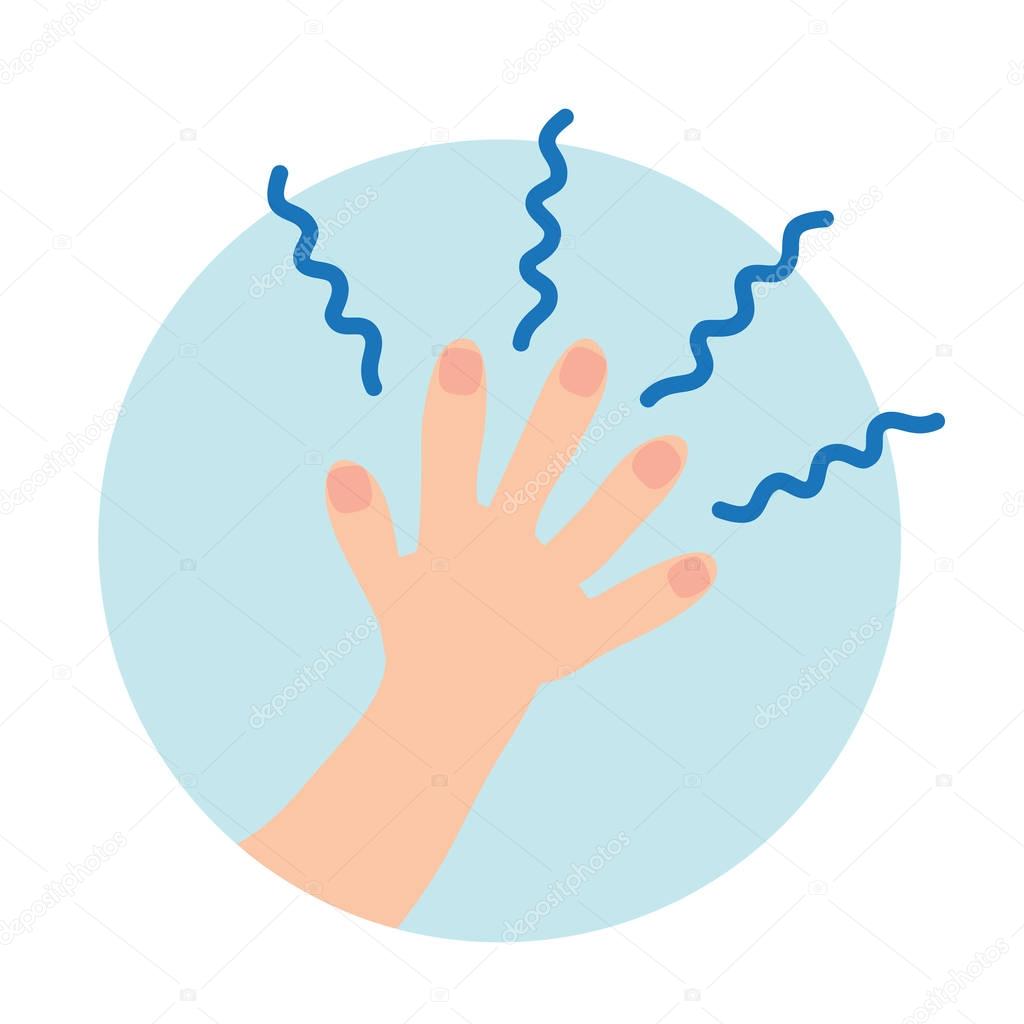 Human hand emanates blue waves. Isolated flat illustration on white and blue backgroud. Cartoon vector image.