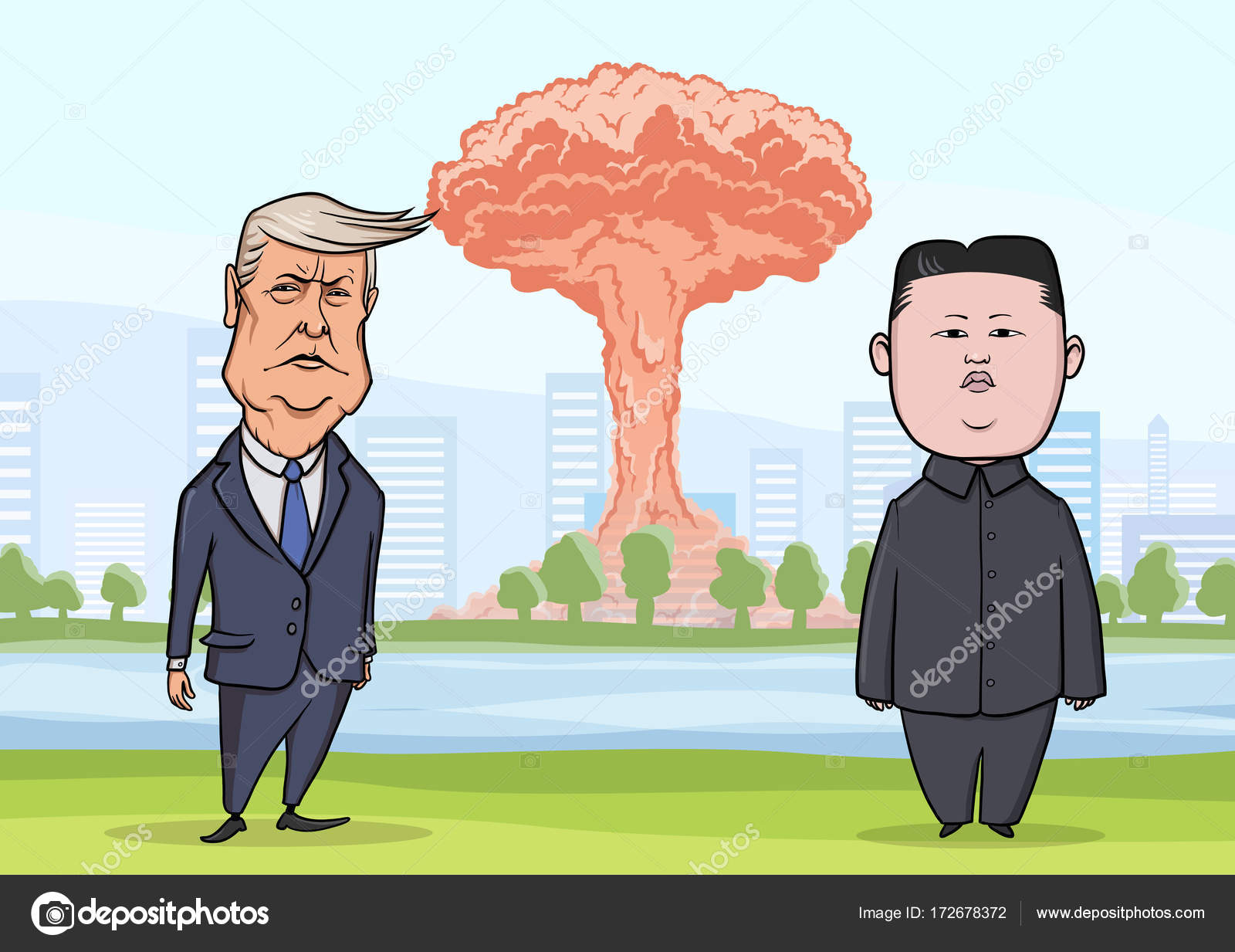 2017 年 10 月 30 日: ドナルド ・ トランプ、都市の背景に原子力の爆発の前に金正恩。私たちは大統領のトランプと北朝鮮最高指導者の金。ベクトル  イラスト、文字の肖像画. ストックベクター ©goodstocker.yandex.ru 172678372