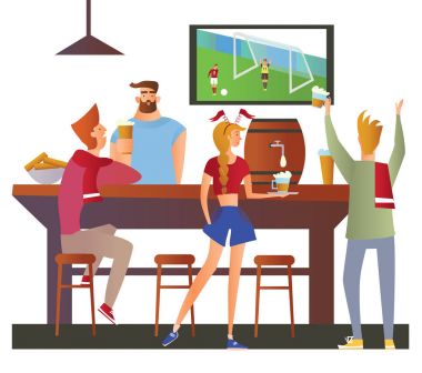 Bira bar - restoran. Futbol taraftarları için bir barda takım tezahürat. Futbol maçı, barmen, alkol içki barı. Beyaz bir arka plan üzerinde düz vektör çizim. Çizgi film karakter görüntü.