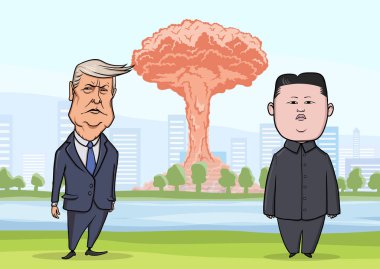 30 Ekim 2017: Donald Trump ve Kim Jong-BM nükleer patlama şehir arka plan üzerinde önünde. Bizi Başkan Trump ve İran dini lideri Kim. Vektör çizim, karakter portre.