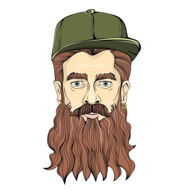 Hipster görünümlü adam uzun sakal ve altın küpe takıyor yeşil kap beyaz bir arka plan üzerinde. Kafa grafik görüntü. İzole vektör çizim.