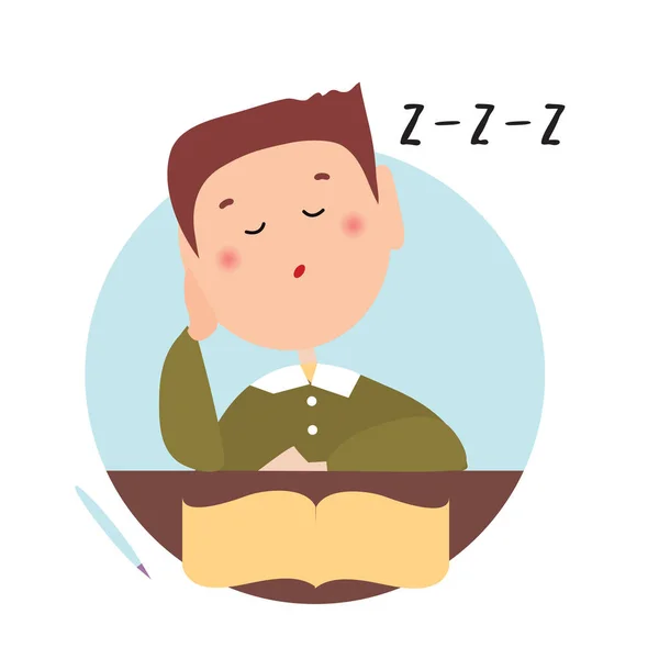 Niño somnoliento con los ojos cerrados delante de un libro abierto. Ilustración plana aislada sobre fondo blanco. Imagen de vector de dibujos animados . — Archivo Imágenes Vectoriales