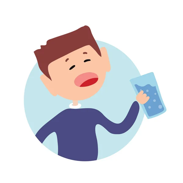 Thrsty jongen met een glas water in zijn hand. Geïsoleerde platte illustratie op een witte achtergrondgeluid. Cartoon vector afbeelding. — Stockvector