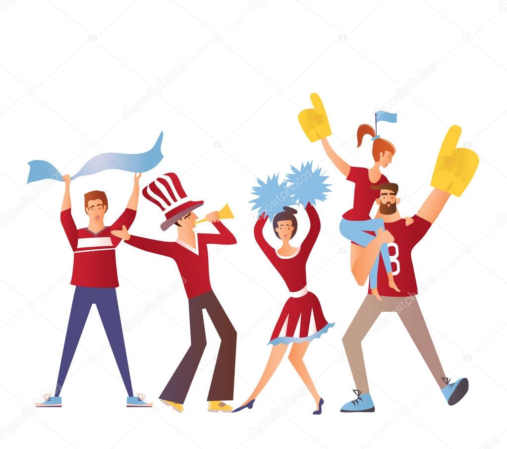 Group of sport fans with attributes cheering for the team. Flat vector illustration on a white background. Isolated cartoon character image.