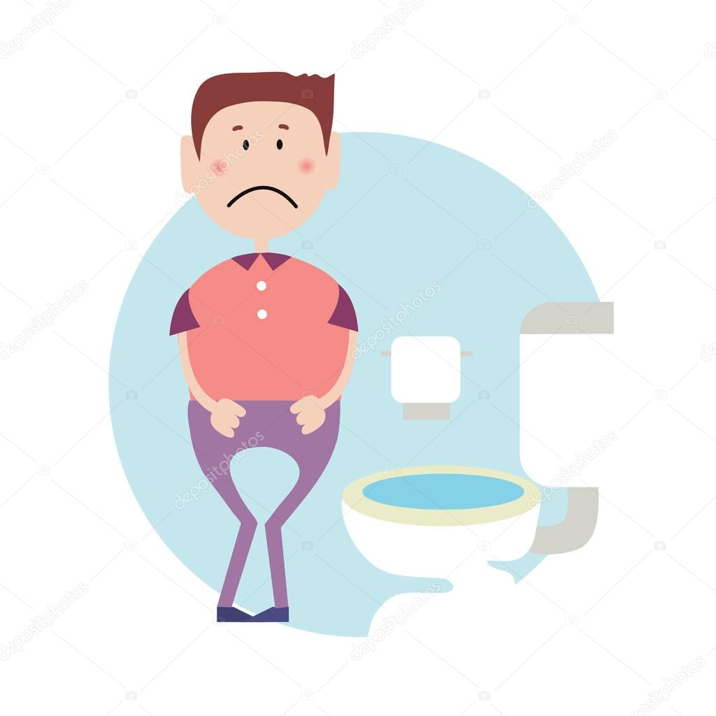 Stressed guy eager to pee stands in front of a toilet. Isolated flat illustration on a white backgroud. Cartoon vector image.