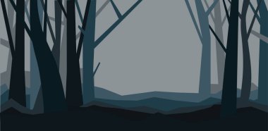 Orman alacakaranlık yapraklarda olmadan. Puslu manzara. Sis bir gece ormanda yatay vektör çizim.