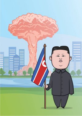 30 Ekim 2017: Nükleer bomba patlama şehir, mantar bulutlar ve karikatür karakter Kuzey Kore lideri Kim Jong-Un, bayrağı ile ayakta. Vektör çizim.