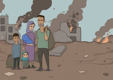Mültecilerin yıkılan binaların zemin üzerine iki çocuklu bir aile. Göçmenlik din ve sosyal Tema. Savaş kriz ve göç. Yatay vektör çizim çizgi film karakterleri.