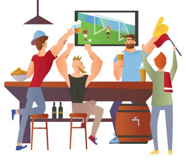 Bira bar - restoran. Futbol taraftarları için bir barda takım tezahürat. Futbol maçı, barmen, alkol içki barı. Beyaz bir arka plan üzerinde düz vektör çizim. Çizgi film karakter görüntü.