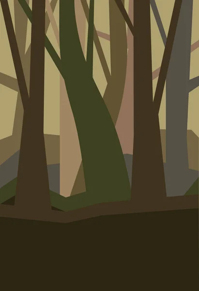 Bosque sin hojas en el atardecer. Paisaje brumoso. Ilustración vectorial vertical de un bosque nocturno en niebla . — Vector de stock