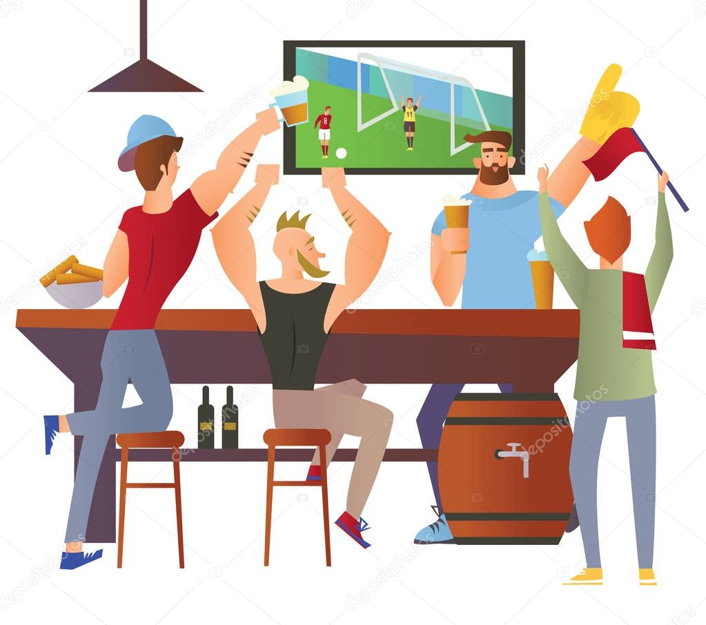Beer bar - Restaurant. Football fans cheering for the team in a bar. Football match, bar with bartender, alcohol drink. Flat vector illustration on a white background. Cartoon character image.