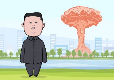 30 Ekim 2017: Nükleer bomba patlama şehir, mantar bulutlar ve karikatür karakter Kuzey Kore lideri Kim Jong-Un, bayrağı ile ayakta. Vektör çizim.