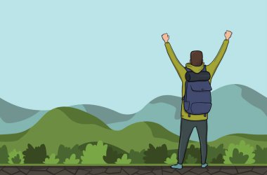 Genç bir adam, bir dağlık alanda kaldırdı elleriyle backpacker arkadan görünüm. Uzun yürüyüşe çıkan kimse, Explorer. Başarı bir sembolü. Vektör çizim kopya alanı ile.