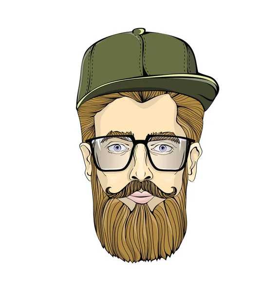 Nice uitziende man in glazen met een baard en snor dragen groene dop op een witte achtergrond. Hipster kijkt op u. Hoofd afbeelding. Geïsoleerde vectorillustratie. — Stockvector