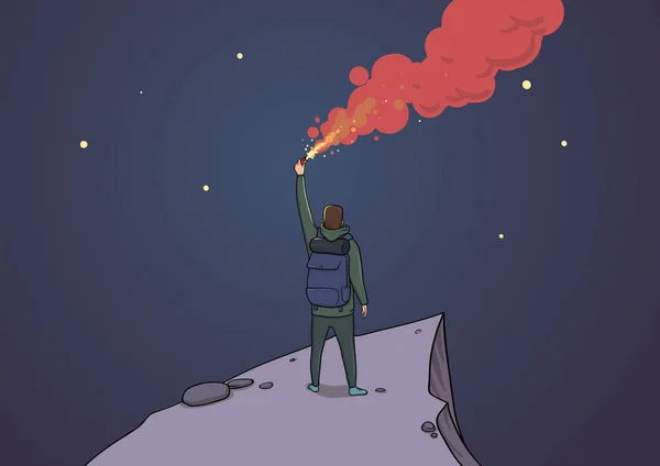 Turista com o brilho em uma montanha olhando para as estrelas. Backpacker em uma pedra enviando SOS. Tocha durante a noite. Céu cheio de estrelas. Personagem de desenho animado ilustração vetorial Horisontal. Arte conceitual . —  Vetores de Stock