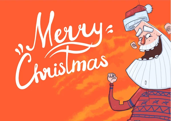 Tarjeta de felicitación de Navidad con divertido Santa Claus sonriendo y saludando de la mano. Santa Claus saluda. Letras sobre fondo naranja. Dibujos animados carácter vector ilustración . — Vector de stock