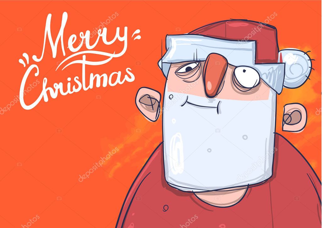 Christmas card with funny spaced-out Santa Claus. Santa Claus got wasted. Lettering on orange background with copy space. Cartoon character vector illustration.