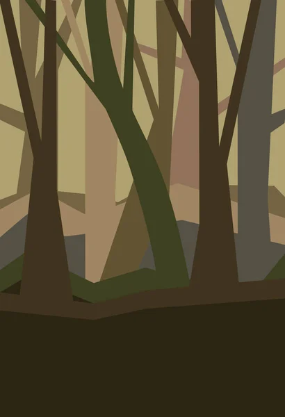 Ліс без листя у сутінках. Похмурий пейзаж. Вертикальна Векторна ілюстрація нічного лісу в тумані . — стоковий вектор