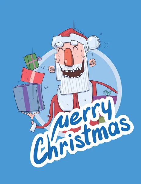 Christmas card with funny Santa Claus smiling. Santa Claus brings presents in colorful boxes. Lettering on blue background. Round design element. Cartoon character vector illustration. — Stock Vector