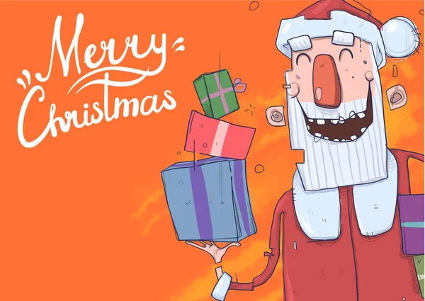 Cartão de Natal com engraçado Papai Noel sorrindo. Papai Noel traz presentes em caixas coloridas. Lettering em fundo laranja com espaço de cópia. Desenhos animados personagem vetor ilustração . —  Vetores de Stock