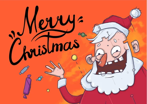 Tarjeta de Navidad con Santa Claus divertido sonriendo y saludando de la mano. Santa Claus saluda y lanza caramelos. Letras sobre fondo naranja. Dibujos animados carácter vector ilustración . — Archivo Imágenes Vectoriales