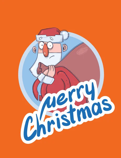 Christmas card with funny Santa Claus carrying big bag of presents. Santa looks bewildered and confused. Lettering on orange background. Round design element. Cartoon character vector illustration. — Stock Vector