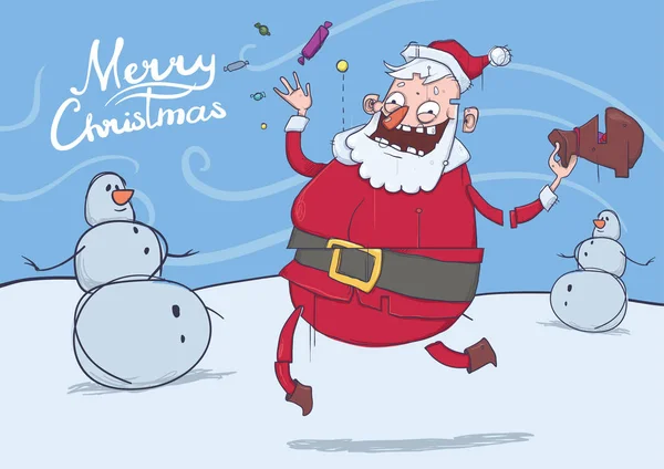 Tarjeta de Navidad con divertido Santa Claus sonriente y muñecos de nieve. Santa trae regalos y lanza caramelos en tiempo ventoso. Ilustración vectorial horizontal. Personaje de dibujos animados con letras. Copiar espacio . — Vector de stock