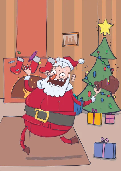 Santa Claus sonriente divertido trae regalos y lanza caramelos en el aire. Habitación decorada con chimenea, medias y árbol de Navidad. Ilustración vectorial vertical. Personaje de dibujos animados . — Archivo Imágenes Vectoriales