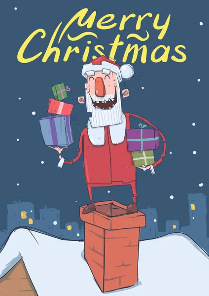 Tarjeta de Navidad con Santa Claus sonriente divertido. Santa con regalos en las cajas en una chimenea sobre fondo nevado de la ciudad de noche. Ilustración vectorial vertical. Personaje de dibujos animados. Letras. Copiar espacio . — Vector de stock